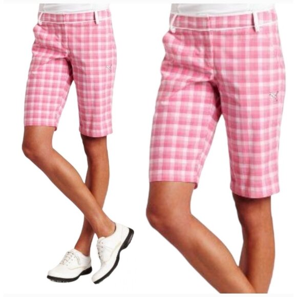 Puma Golf Shorts Womens Size 2 Pink White Bermuda Mid Rise Plaid Check - Picture 1 of 13